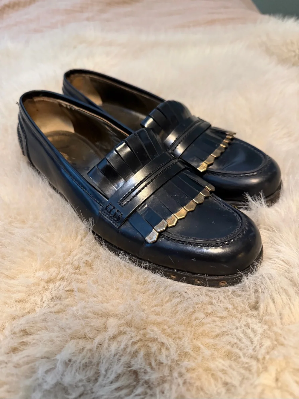 LANVIN Black Leather Tassel Loafers with Gold Stud Accents LUXURY Sz 39 (8.5)